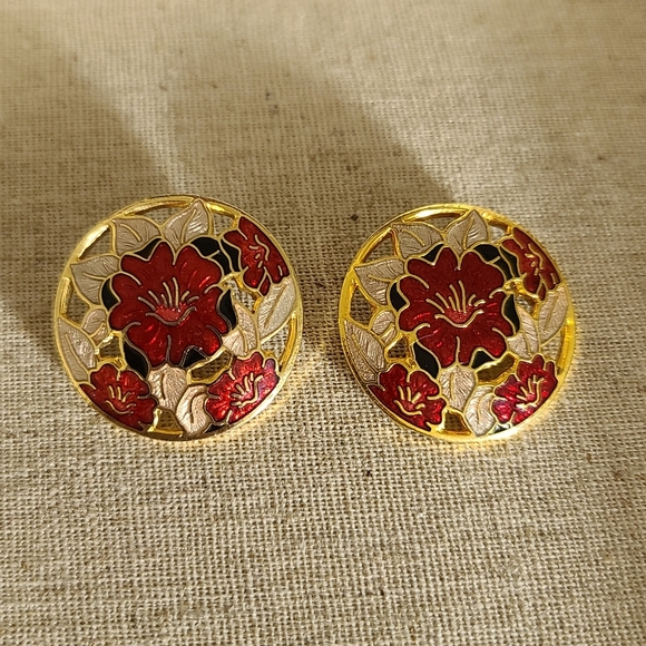 Cloisonne 80s Gold Tone Vintage Clip on Earrings - Picture 4 of 5